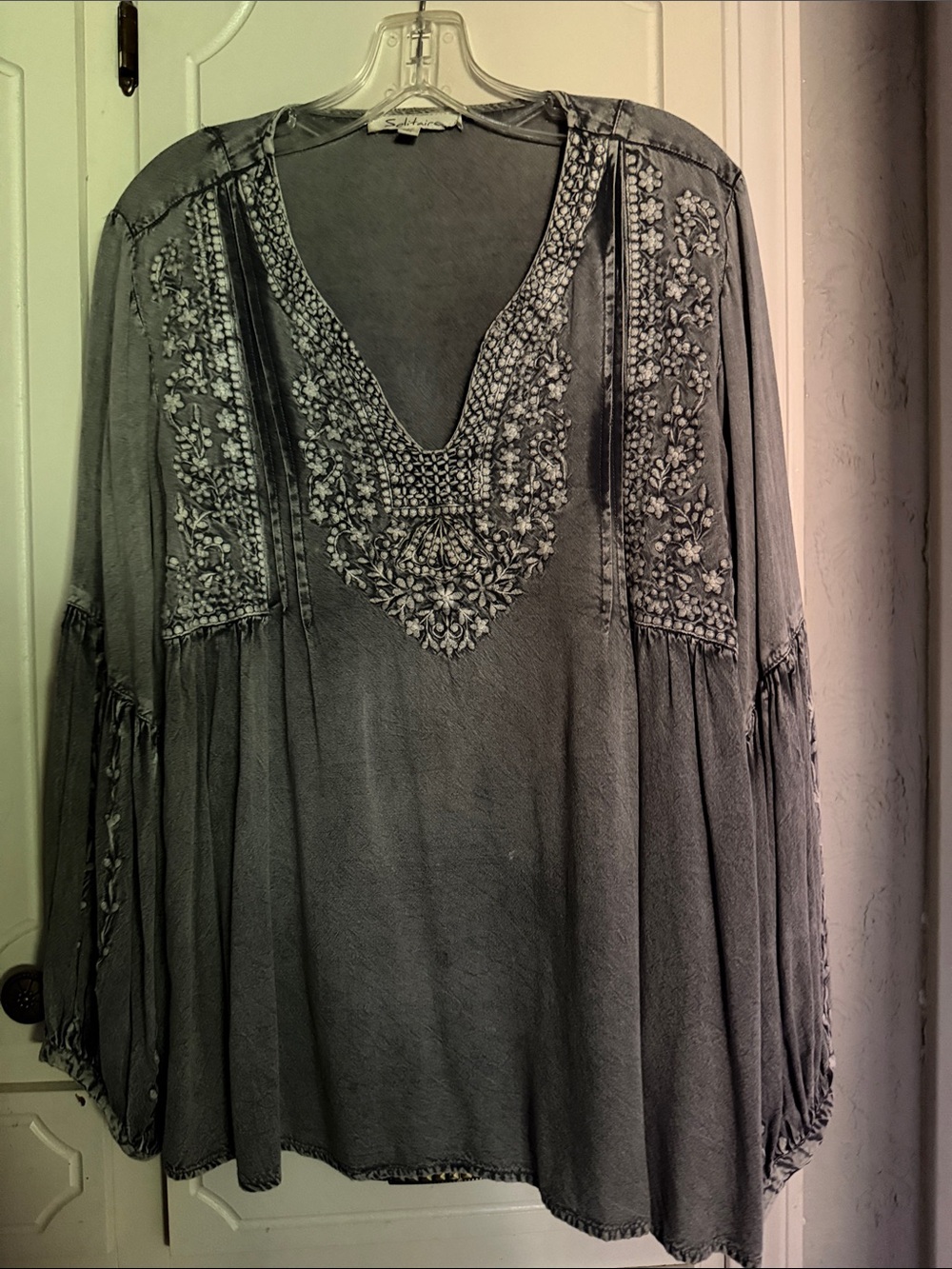 Solitaire Embroidered V-Neck Tunic - Charcoal Gray